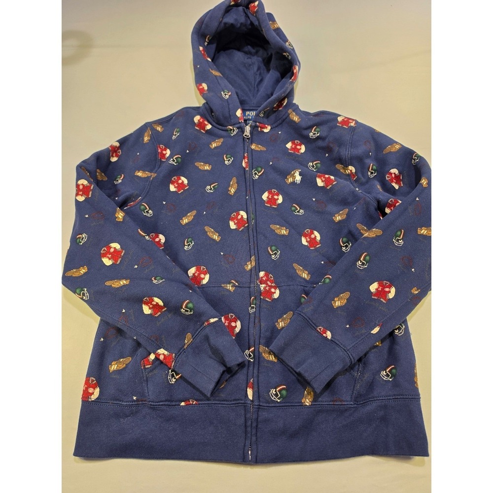 Polo Ralph Lauren Boys Navy Blue Varsity Football Print Full Zip Hoodie Size L